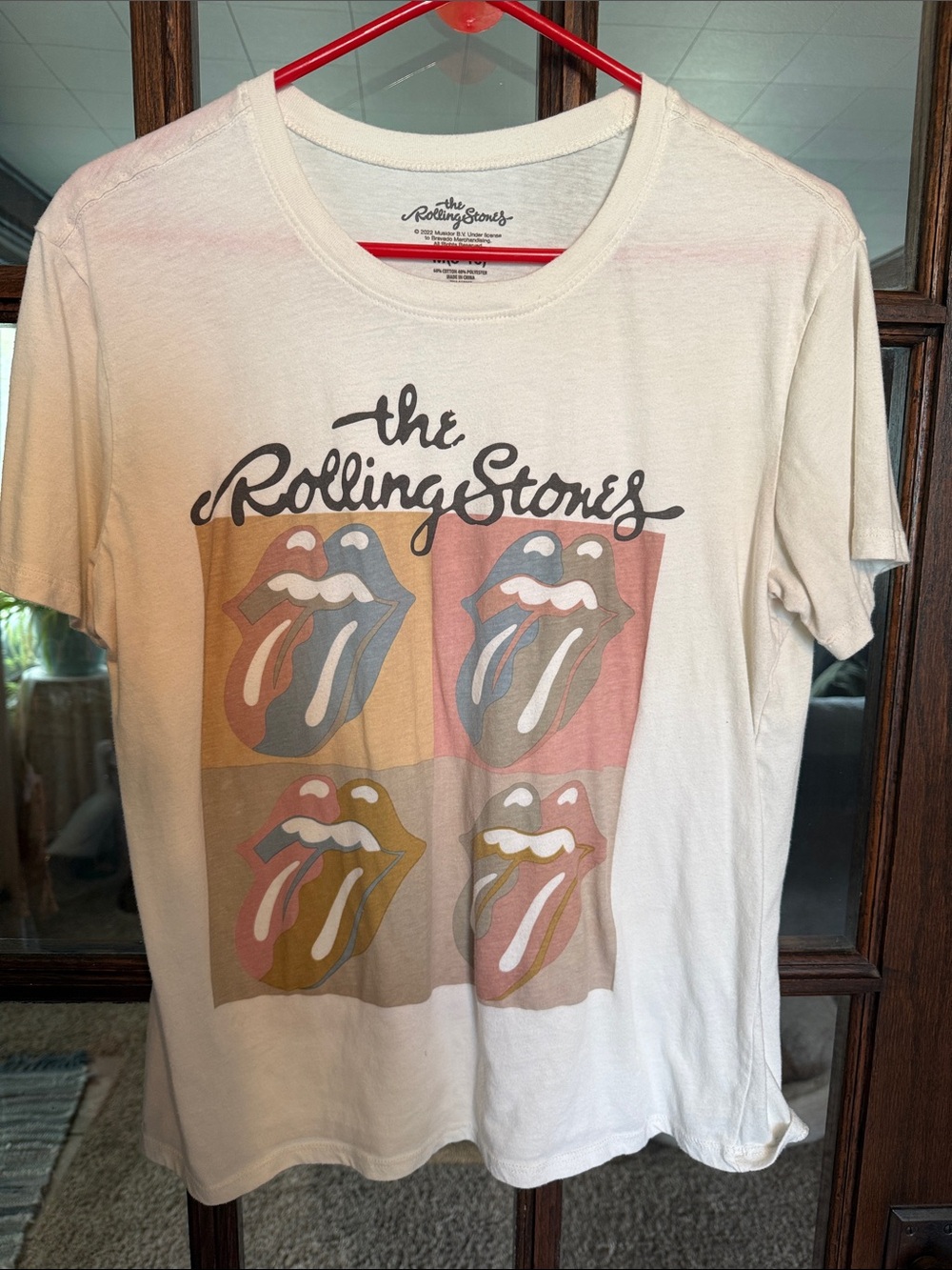 The Rolling Stones White Short Sleeve Tee with Retro Multi-Color Tongue Grid